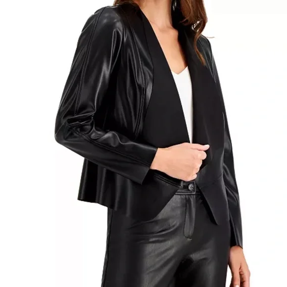 Anne Klein Black Open-Front Faux Leather Jacket